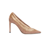 Arinna Blush High-Heel Pump in smooth suede with golden embellishments and 90mm stiletto heels, perfect for any ensemble.