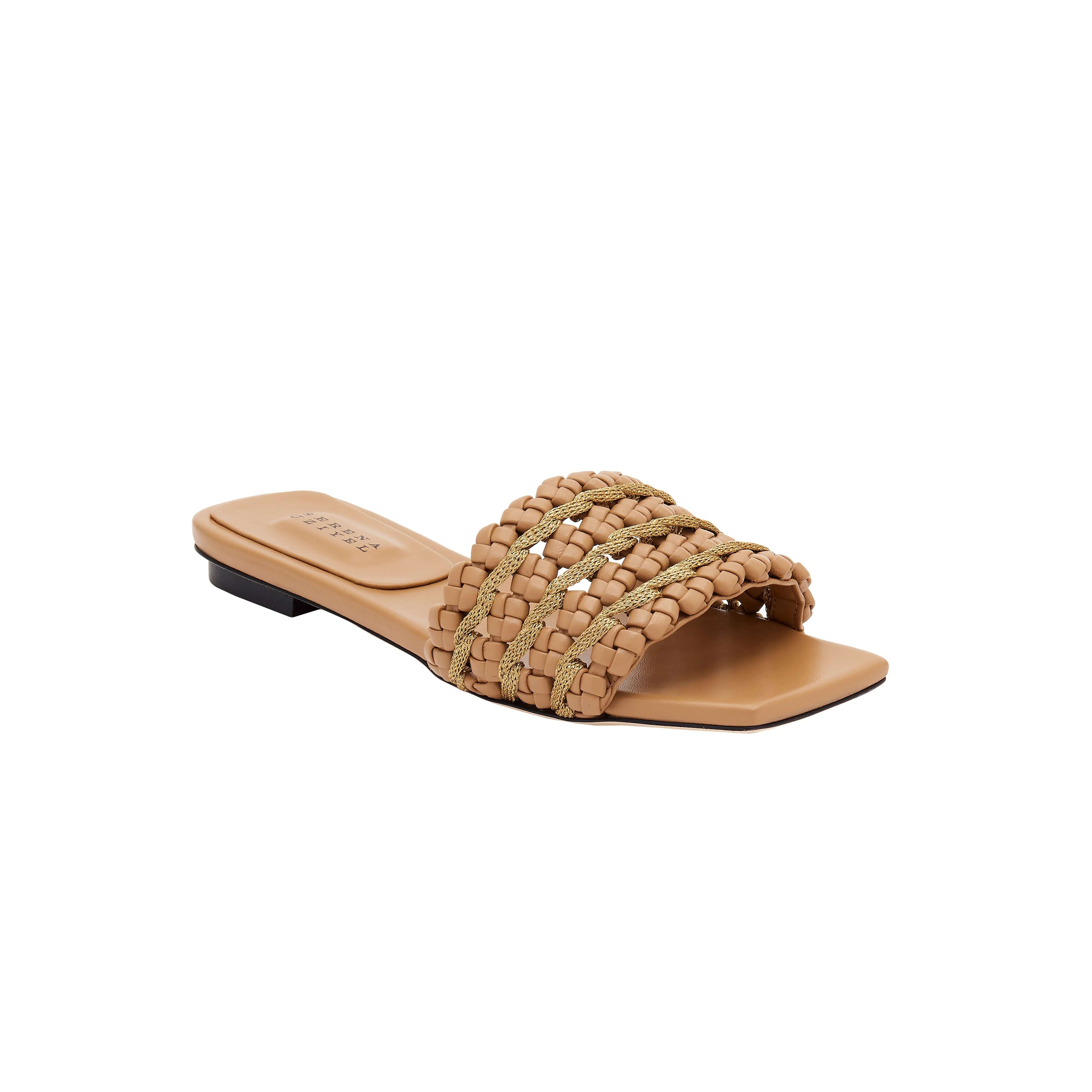 Aurnia Latte flat sandal featuring a stylish woven strap design, perfect for summer outings and casual wear.