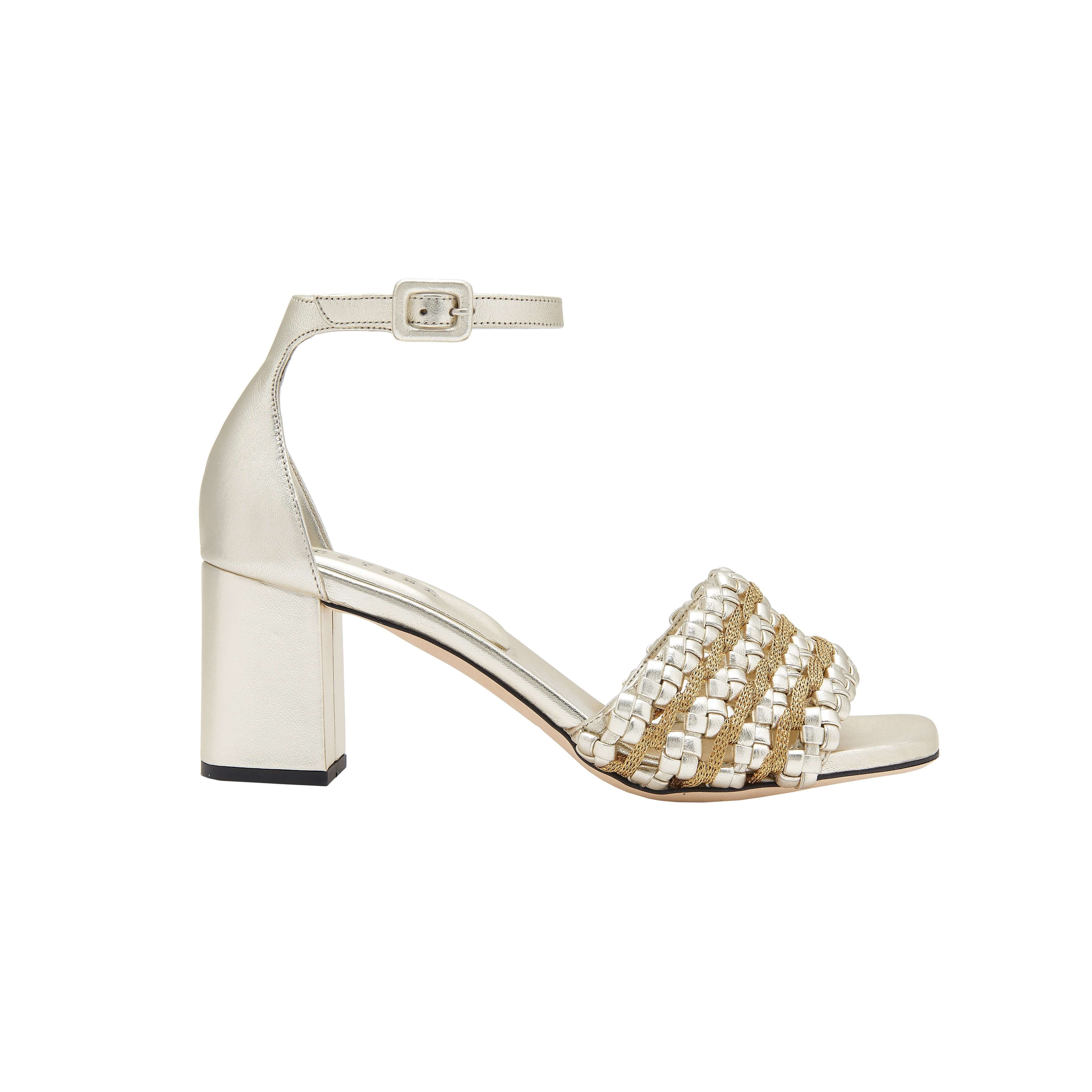 Aurnia Sahara Block Ankle Sandal with open toe and woven design, 50MM block heel, crafted from sahara leather.