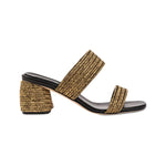 Bellina black two strap sandal with block heel, featuring intricate braiding and metallic threads, handmade in Italy.