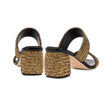 Back view of Bellina Black Two Strap Sandal showcasing braided straps and antique metallic block heel.