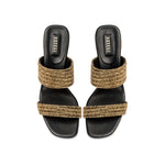 Bellina Black Two Strap Sandal featuring woven metallic threads and a comfortable block heel.