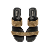Bellina Black Two Strap Sandal featuring woven metallic threads and a comfortable block heel.