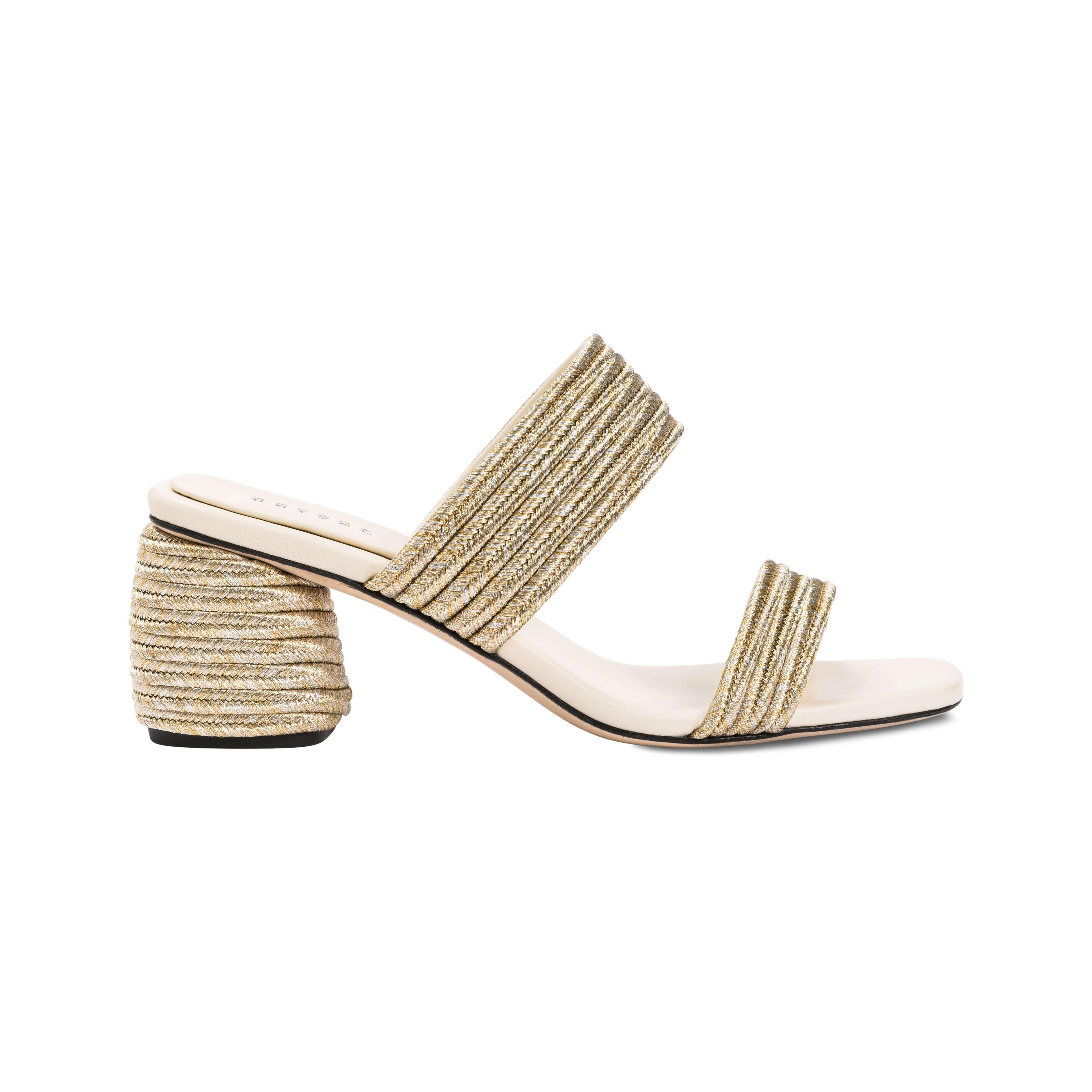 Bellina Ivory Two Strap Sandal with braided metallic straps and 60mm block heel, offering elegant Italian craftsmanship.