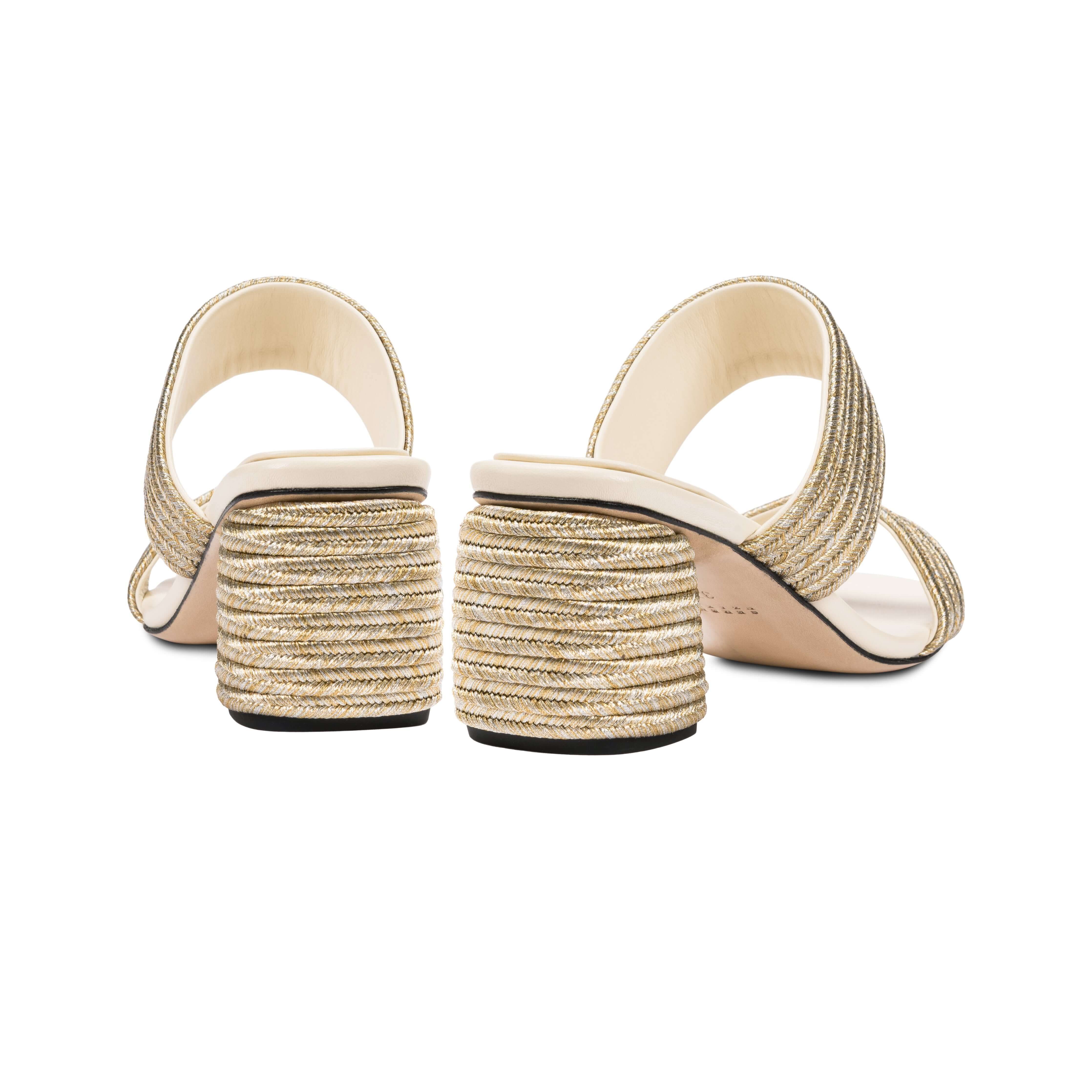 Rear view of Bellina Ivory Two Strap Sandal featuring braided straps and 60mm block heel with metallic embroidery.
