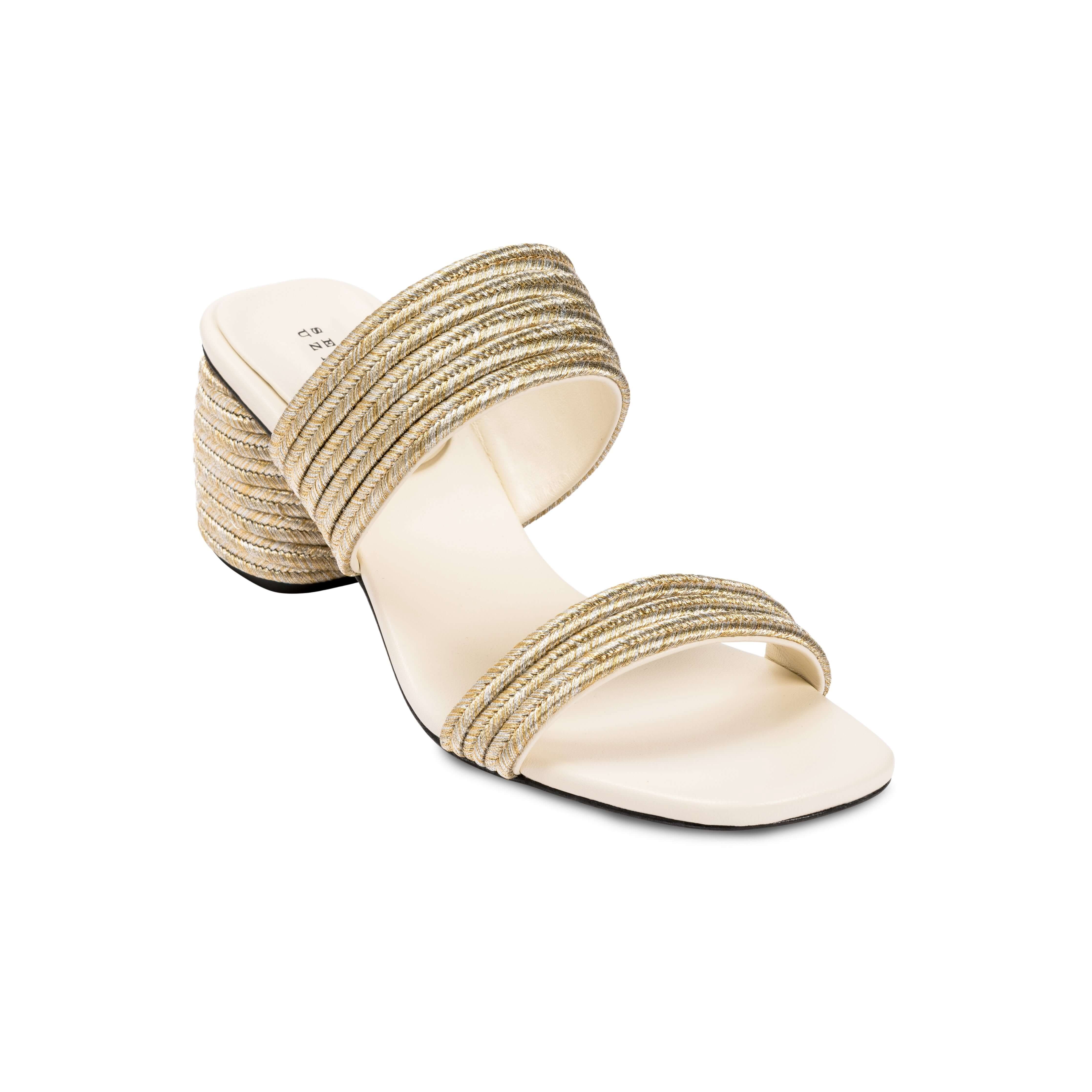 Bellina Ivory Two Strap Sandal with braided metallic straps and 60mm block heel, designed for everyday elegance.