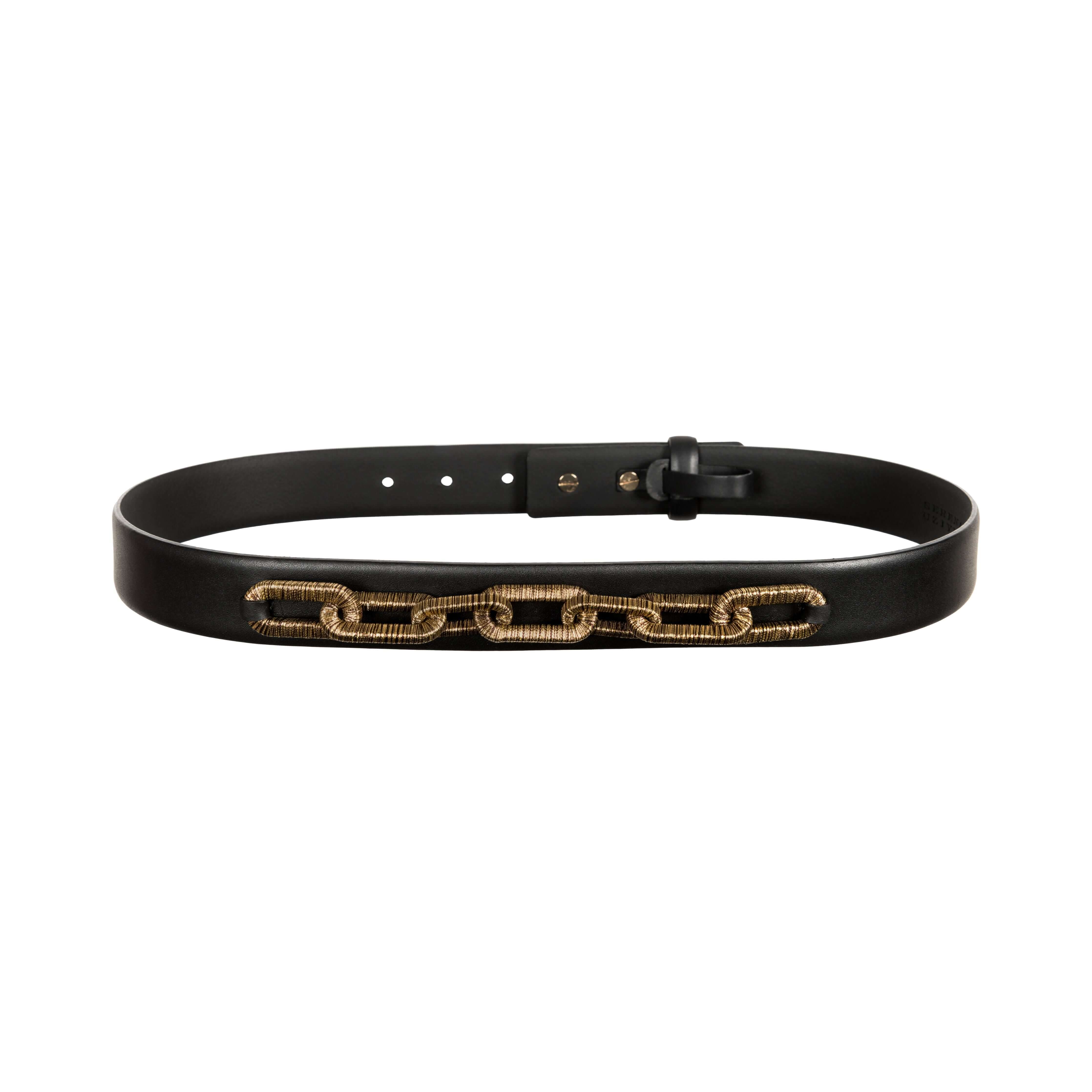 Catena belt in black leather with antique gold chain detailing, perfect for adding elegance to any outfit.