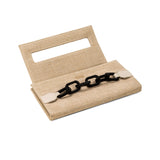 Stylish Catena Black Chain clutch with linen fabric and black chain detail, perfect for evening outings.