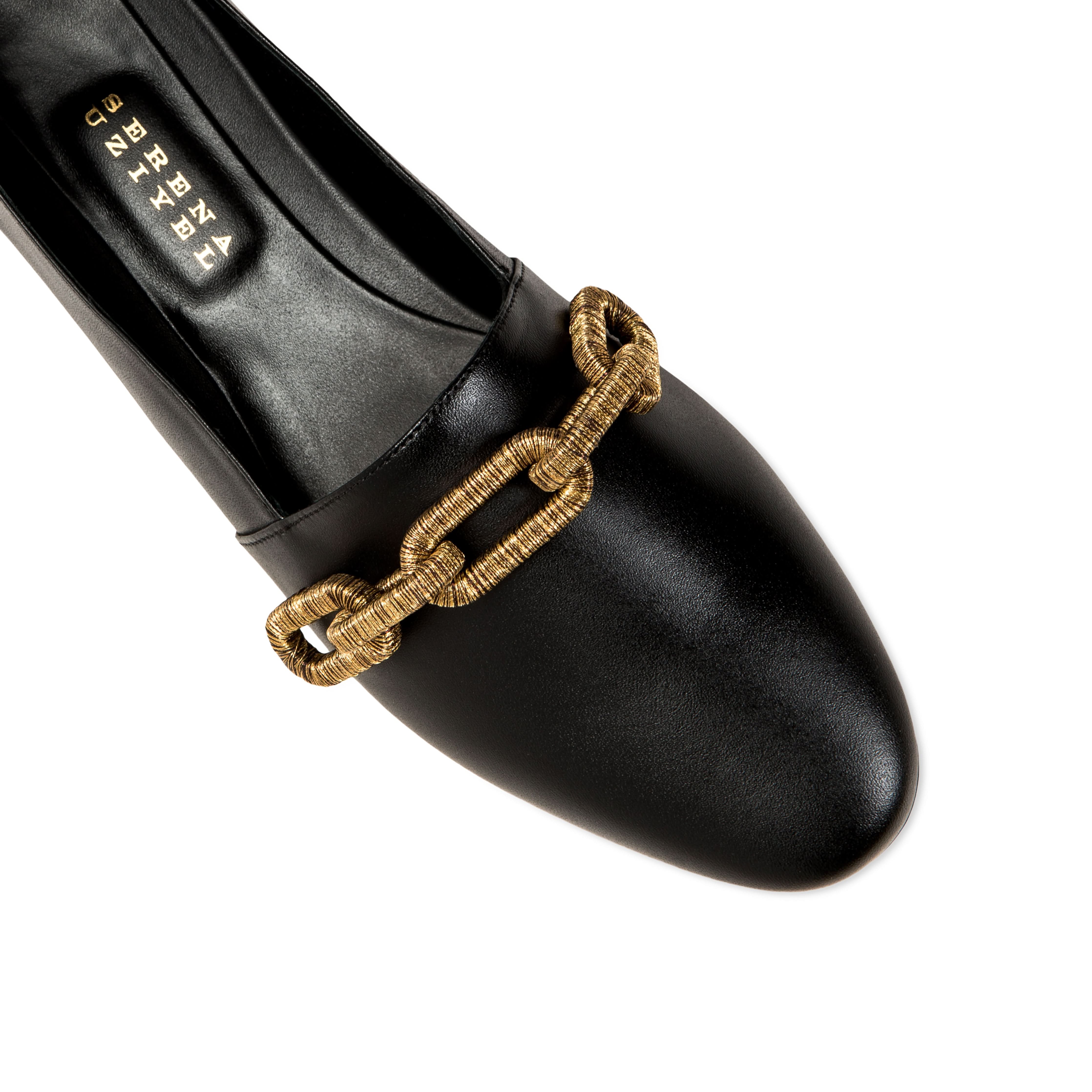 Catena Black Flat Loafer featuring a chic gold chain detail, perfect for stylish everyday wear.