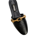 Catena Black Flat Sliperette with antique gold chain detail, crafted from luxurious leather for a feminine silhouette.