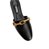 Catena Black Flat Sliperette with antique gold chain detail, crafted from luxurious leather for a feminine silhouette.