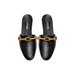 Catena Black Flat Sliperette in black leather with antique gold chain detail, elegant and feminine footwear.