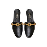 Catena Black Flat Sliperette in black leather with antique gold chain detail, elegant and feminine footwear.