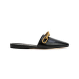 Elegant Catena Black Flat Sliperette featuring black leather and antique gold chain accent, perfect for feminine footwear style.