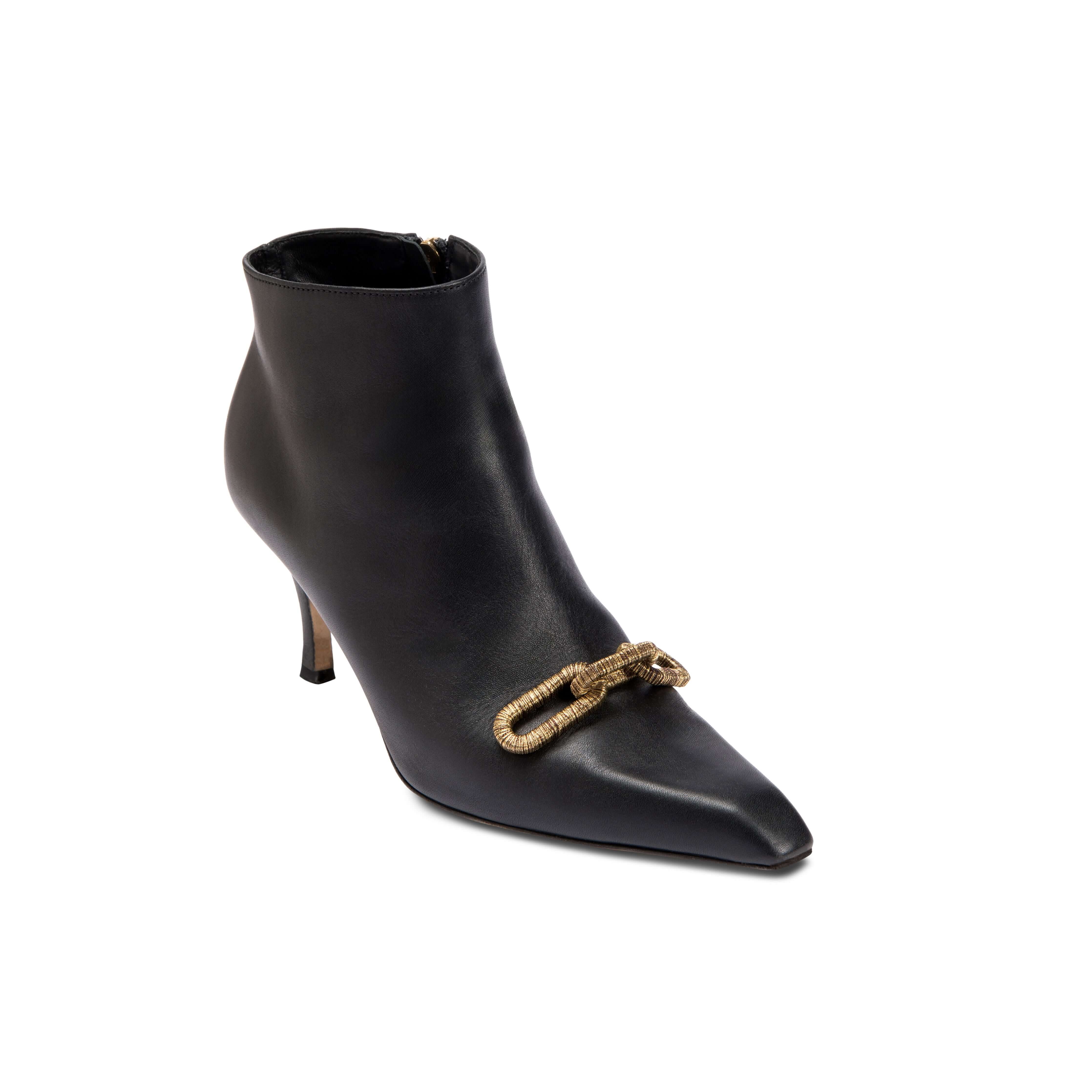 Catena Black High-Heel Ankle Boot in smooth leather with gold chain link detail, perfect for sophisticated outfits.