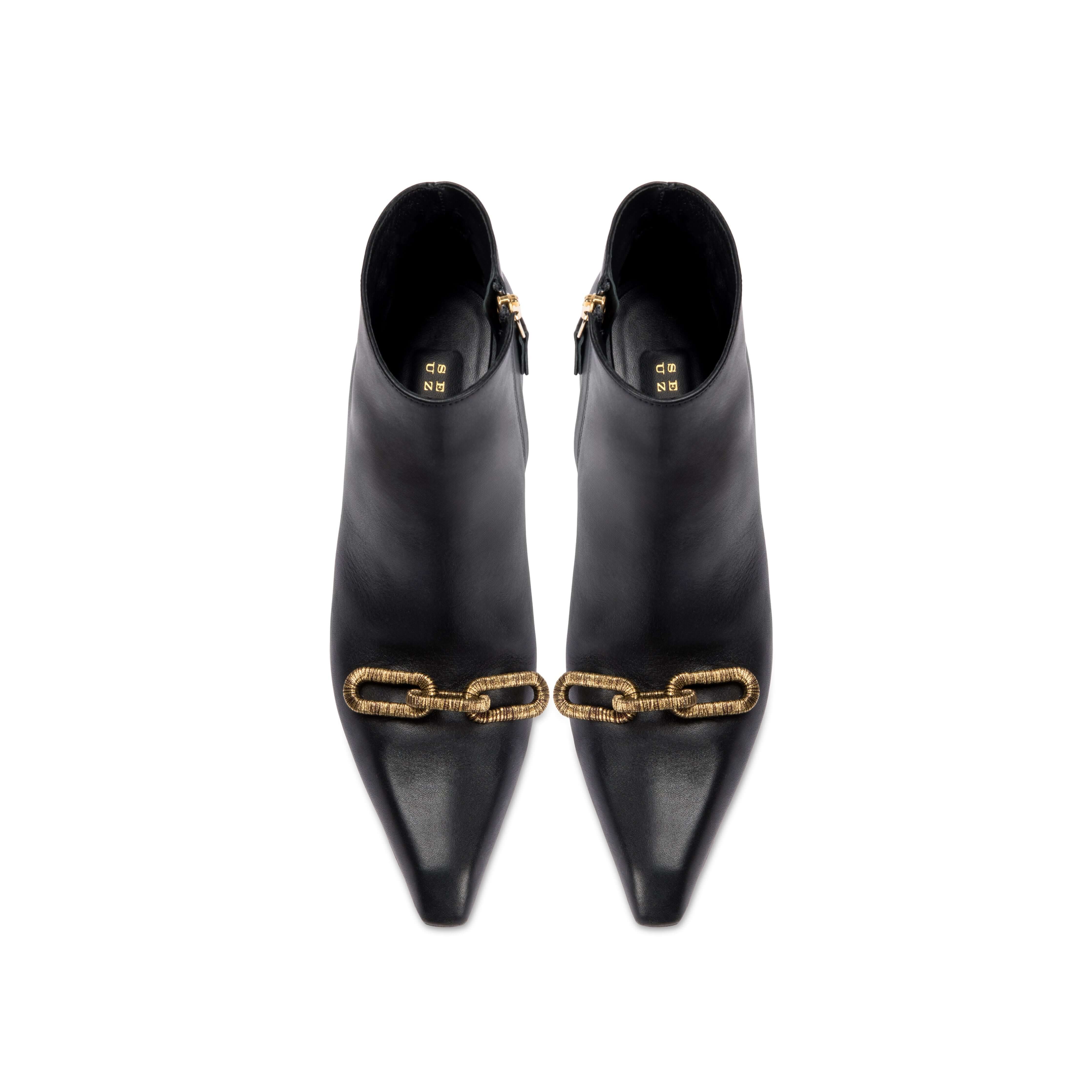 Catena Black High-Heel Ankle Boot in smooth leather with gold chain link embellishment, perfect for sophisticated outfits.