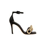 Catena Black High-Heel Ankle Sandal featuring elegant antique gold chain embroidery for a chic look.
