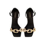 Catena Black High-Heel Ankle Sandal with antique gold chain embroidery, stylish and elegant design for a chic look.