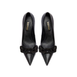 Catena Black High-Heel Pump, handcrafted leather with pointed toe and suede chain detail, elegant and chic footwear.