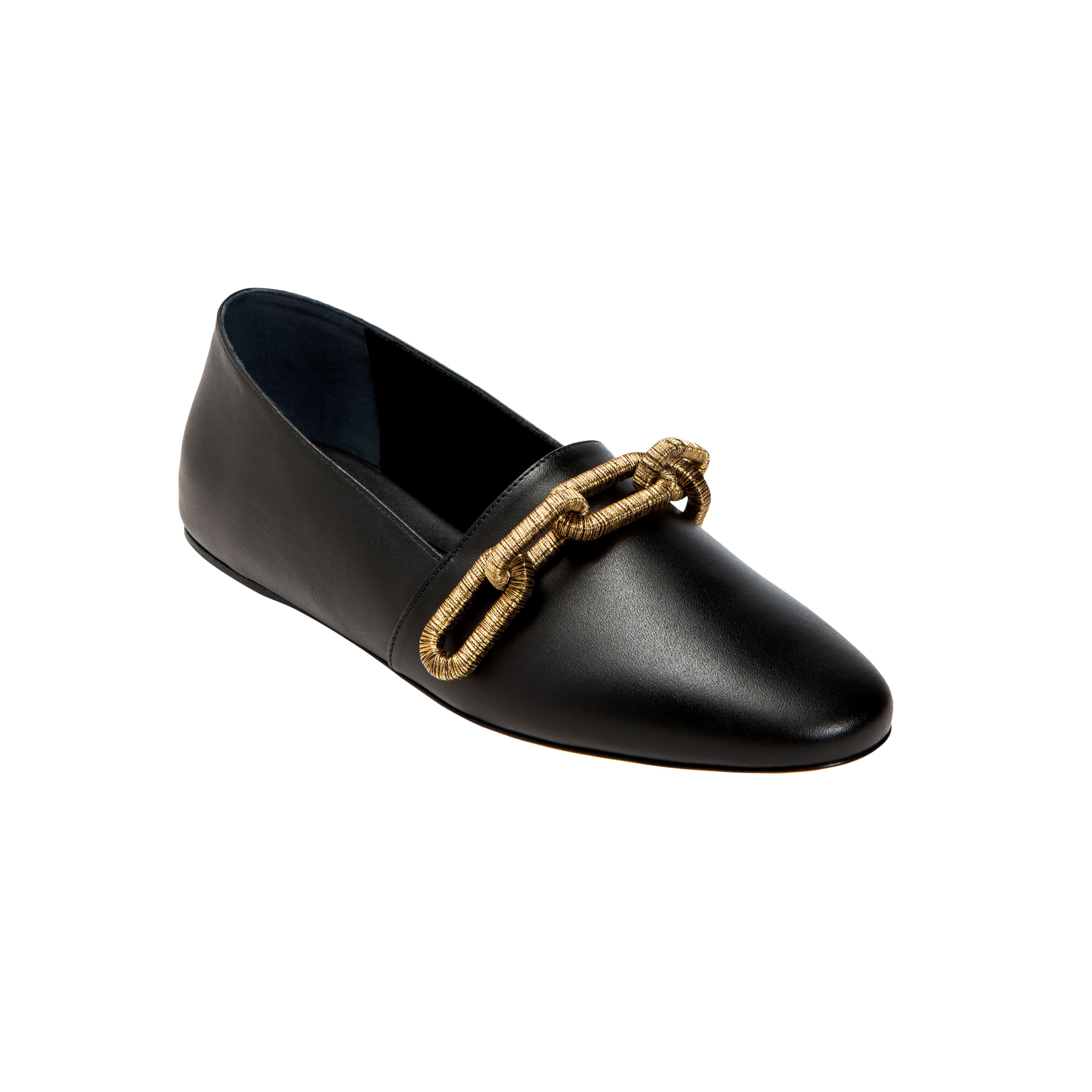 Catena black flat loafer with gold chain detail, perfect for stylish everyday wear and comfort.