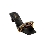 Catena Black Mid-Heel Sandal made of Italian leather with antique gold chain link design across toe strap.