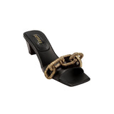 Catena Black Mid-Heel Sandal made of Italian leather with antique gold chain link design across toe strap.