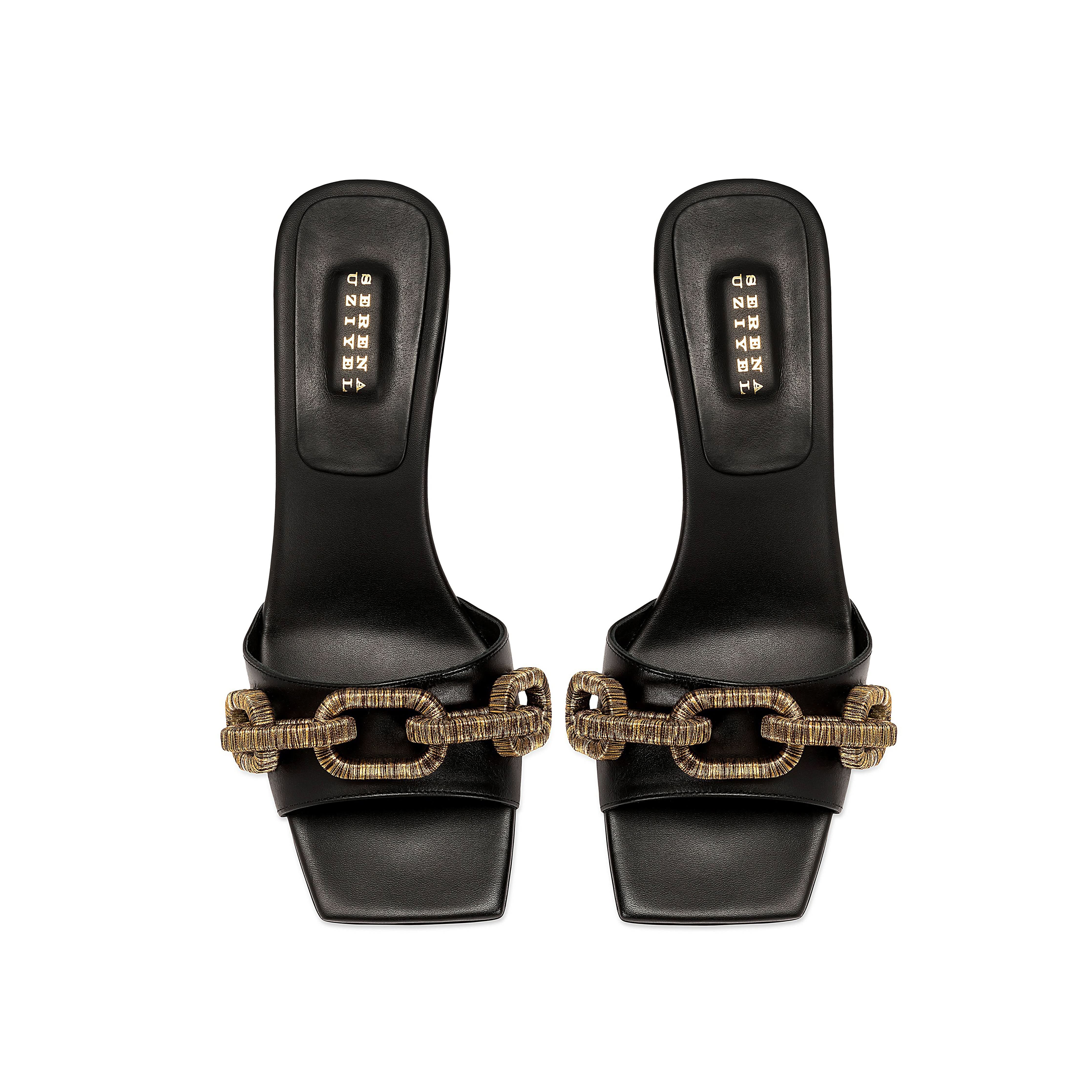 Catena Black Mid-Heel Sandal featuring a gold chain link design, elegantly crafted from Italian leather.