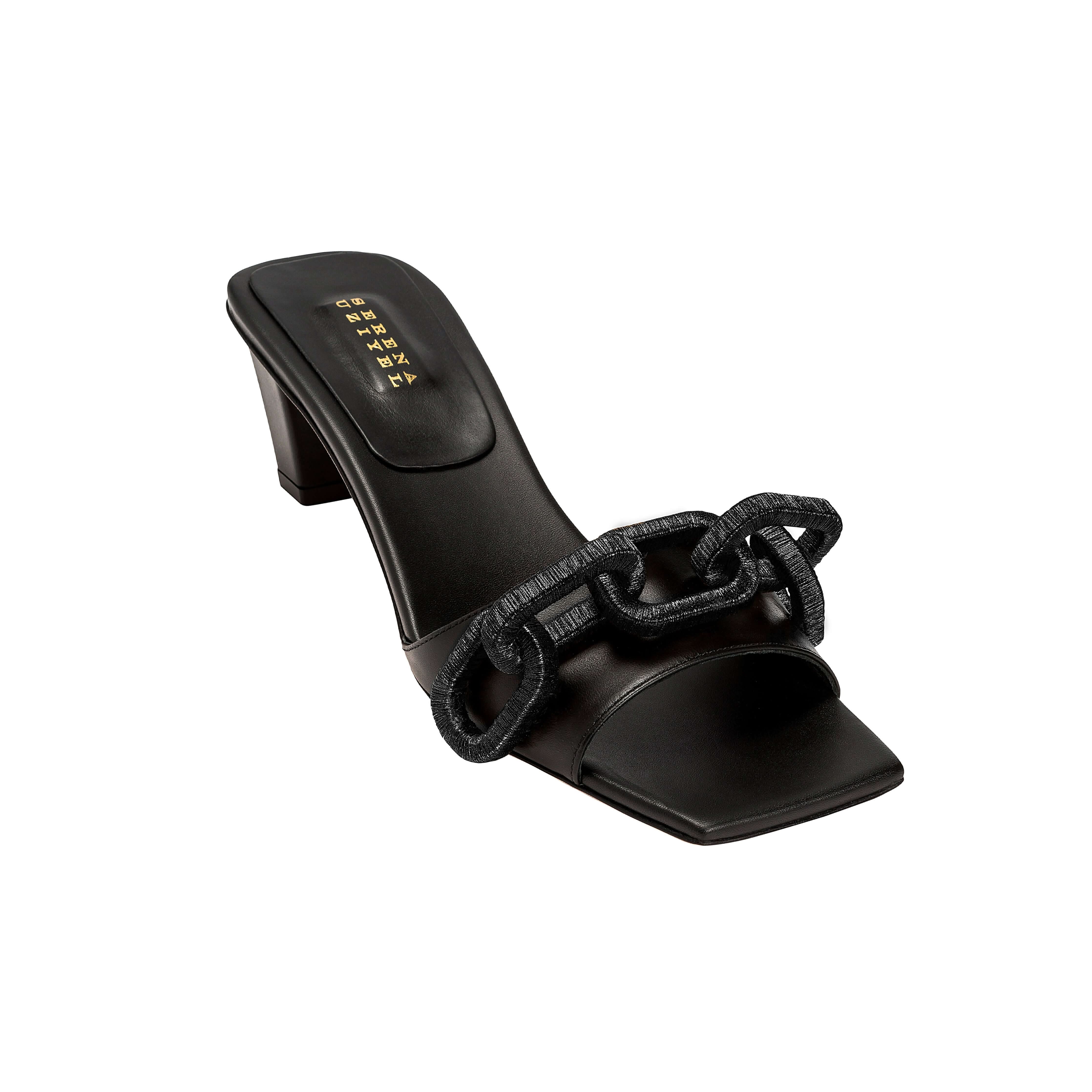 Catena Black Mid-Heel Sandal crafted from Italian leather with a chain link design across the toe strap.
