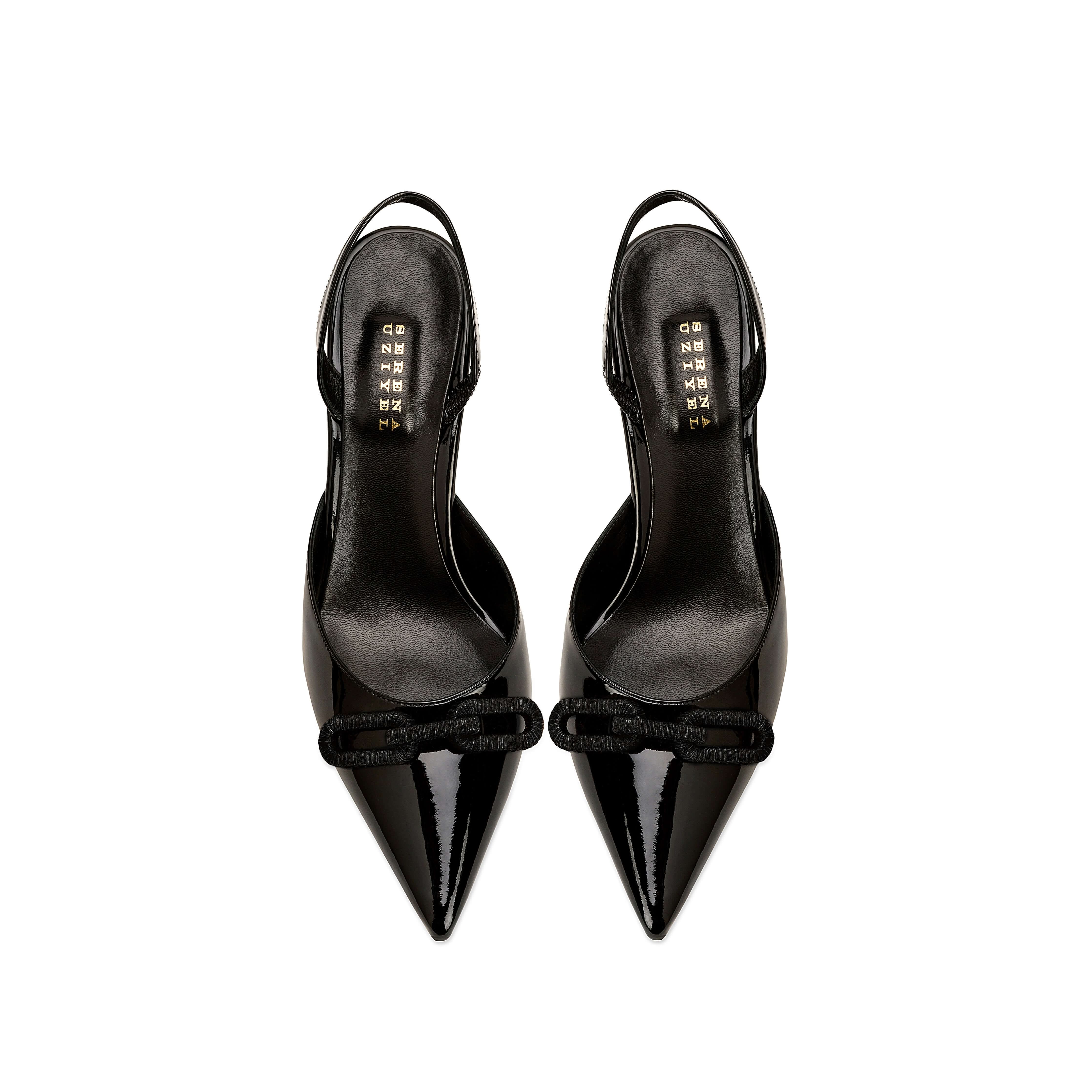 Catena Black Mid-Heel Slingback Pump with glossy patent leather, pointed toe, and chic bowed detail.