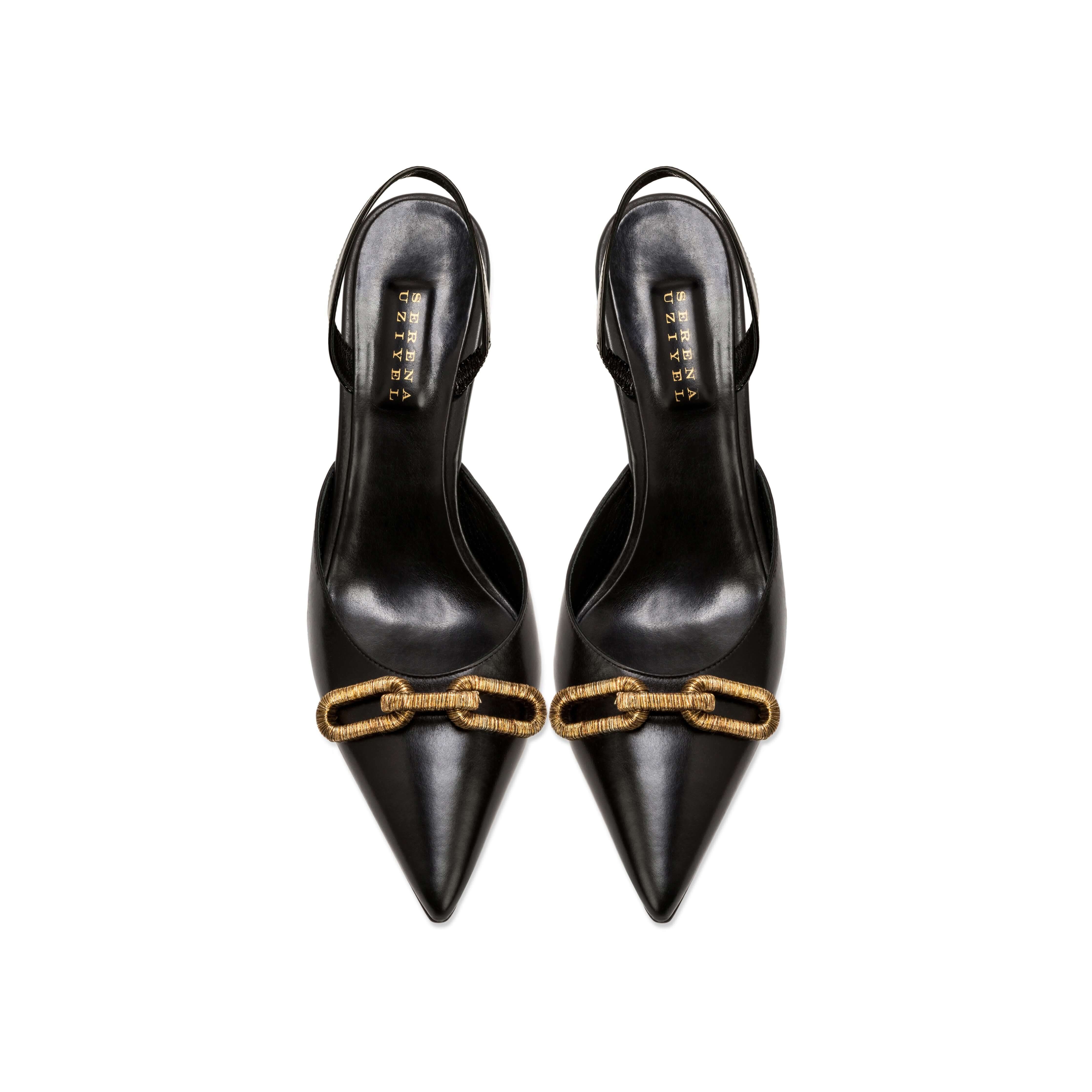 Catena Black Mid-Heel Slingback Pump with elegant chain link detail and pointed toe.