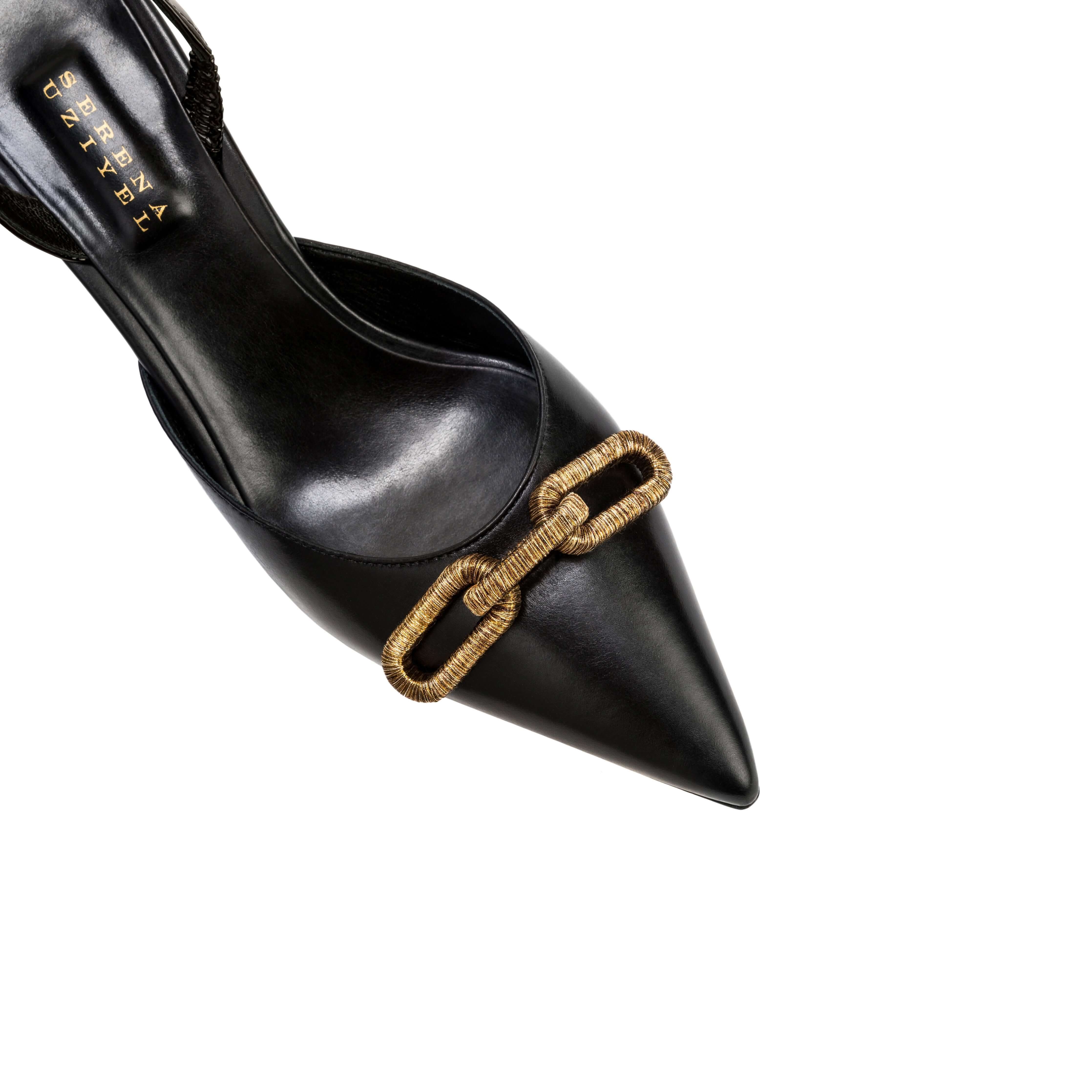 Catena Black Mid-Heel Slingback Pump with elegant chain link detail in a soft leather finish.