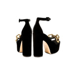 Back view of Catena Black Platform Ankle Sandals in velvet with metallic chain detail and chunky block heel.