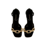 Catena Black Platform Ankle Sandal featuring velvet design and metallic chain embellishments.
