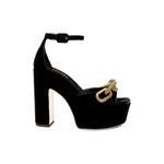 Catena Black Platform Ankle Sandal with metallic chain embellishment and structured block heel, crafted from sumptuous velvet.