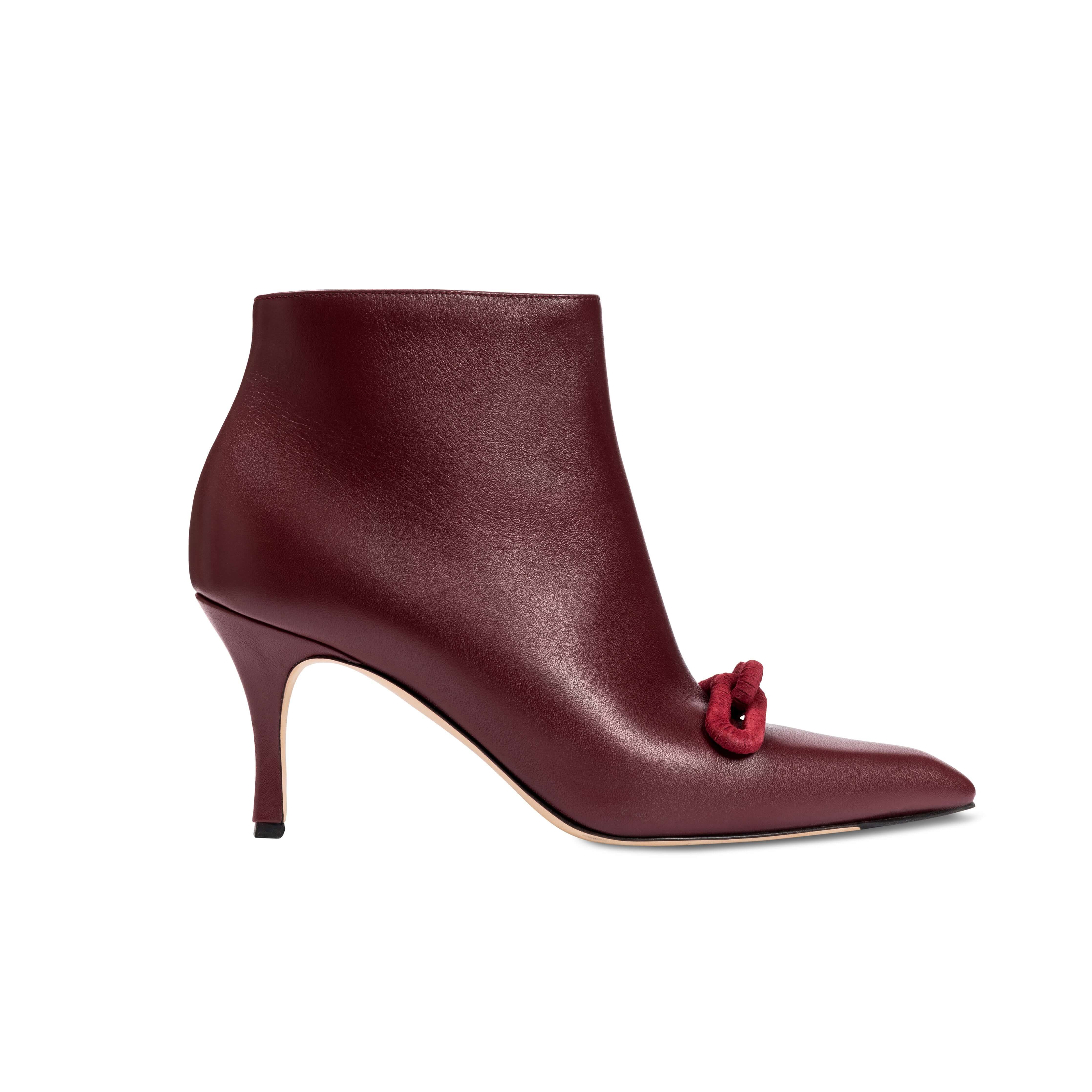 Catena Burgundy High-Heel Ankle Boot in smooth leather with signature chain link embellishment.