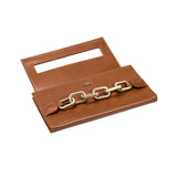 Catena Camello Envelope Clutch in brown leather with gold chain detail, stylish and elegant for any occasion.