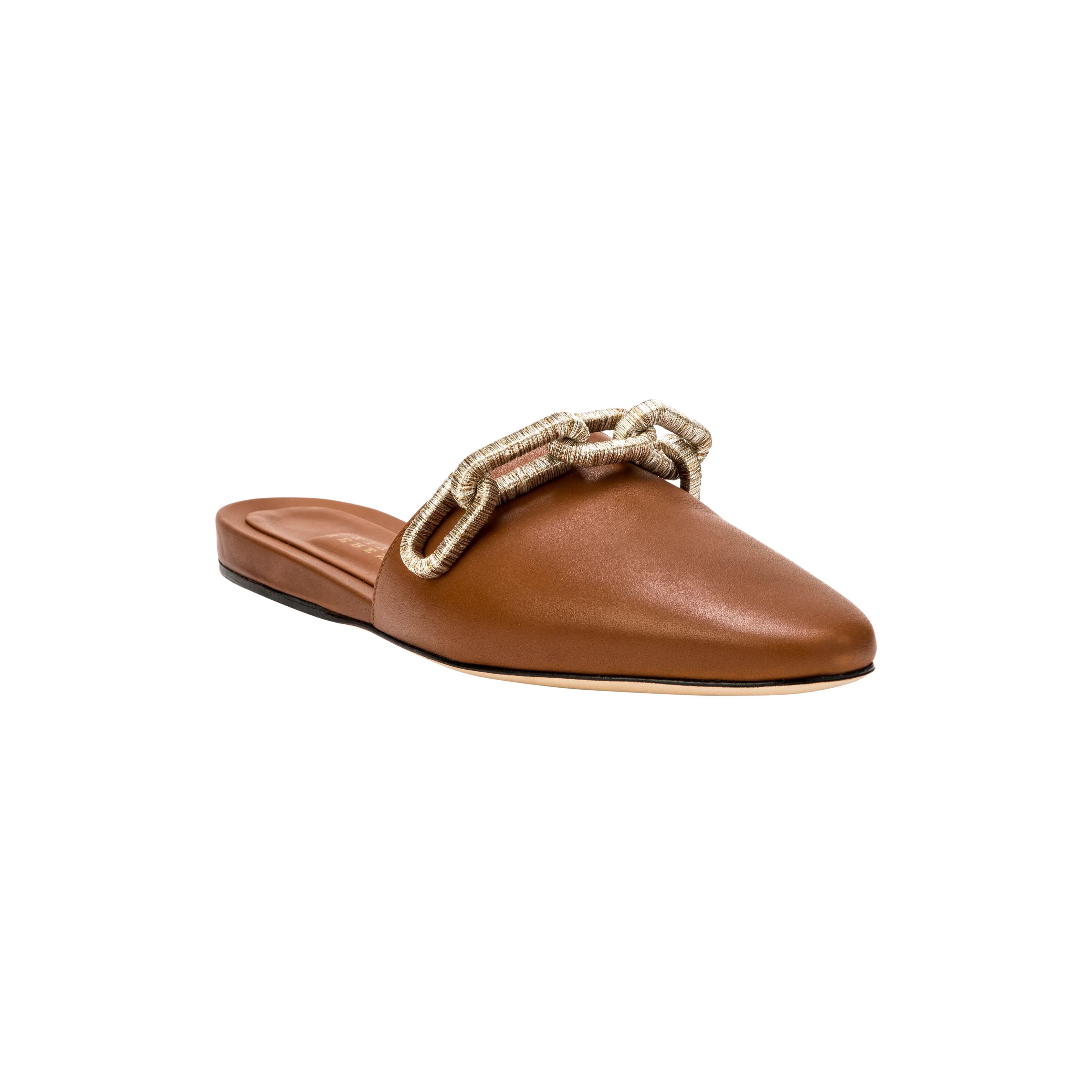 Catena Camello Flat Sliperette in luxurious brown leather with gold and silver chain embellishment.