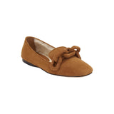 Catena Camello Off White Shearling Flat Moccasin featuring a stylish bow detail, perfect for casual elegance.