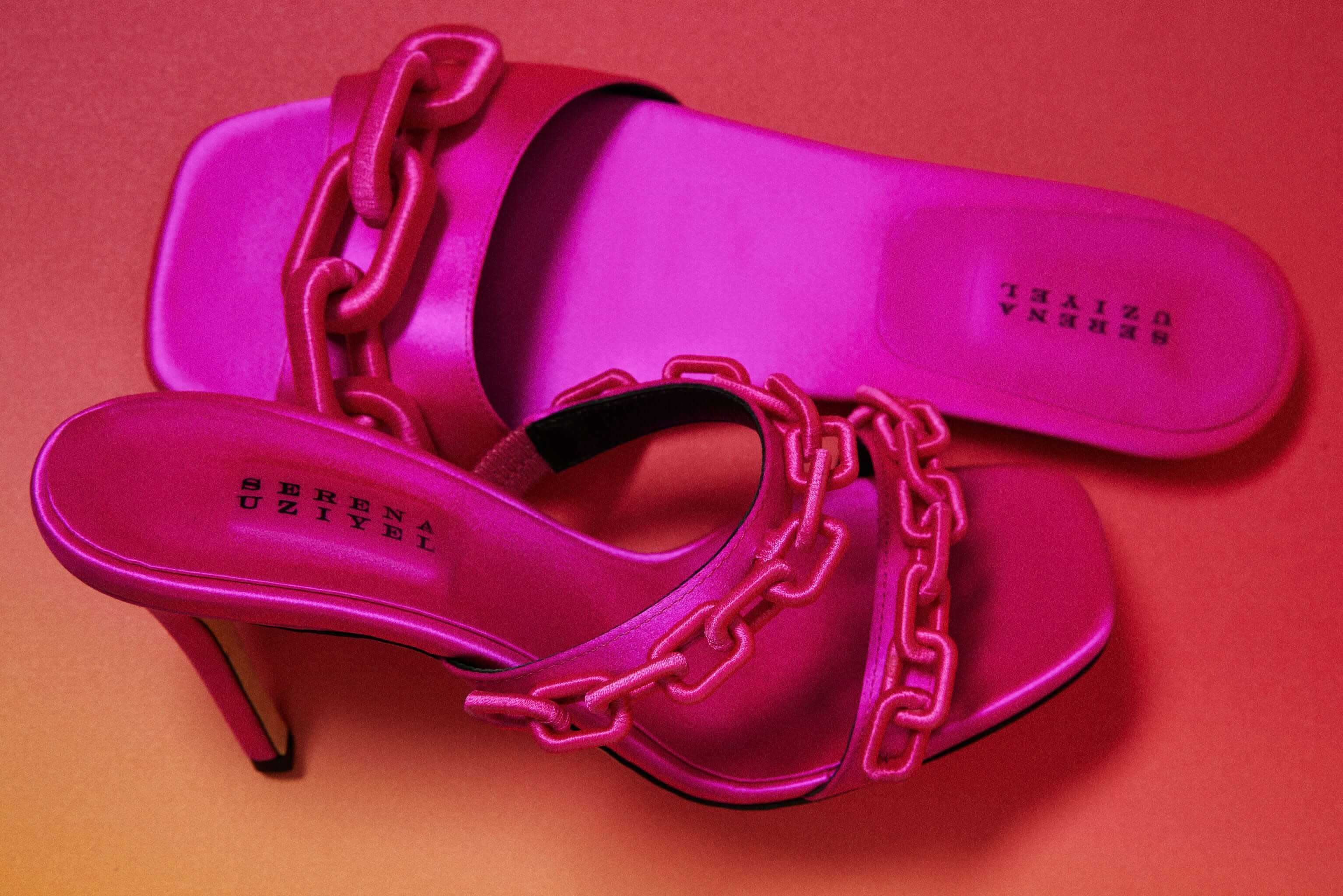 Catena Fuchsia Flat Sandal featuring fuchsia silk satin and contrasting chain-shaped embroidery, ideal for stylish comfort.