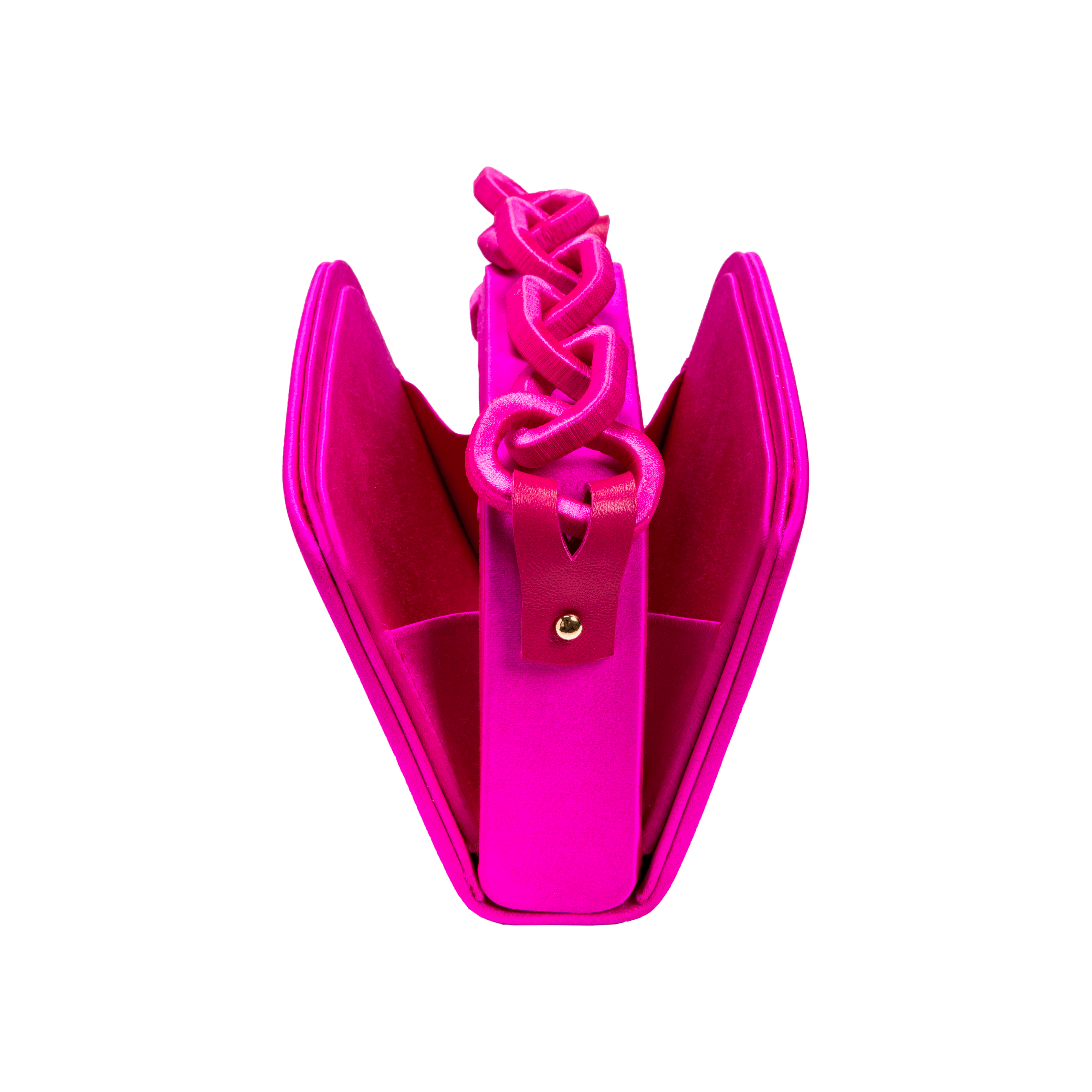 Catena Fuchsia Two-Sided Bag with chain-link handle, showcasing luxurious silk satin and dual compartments.