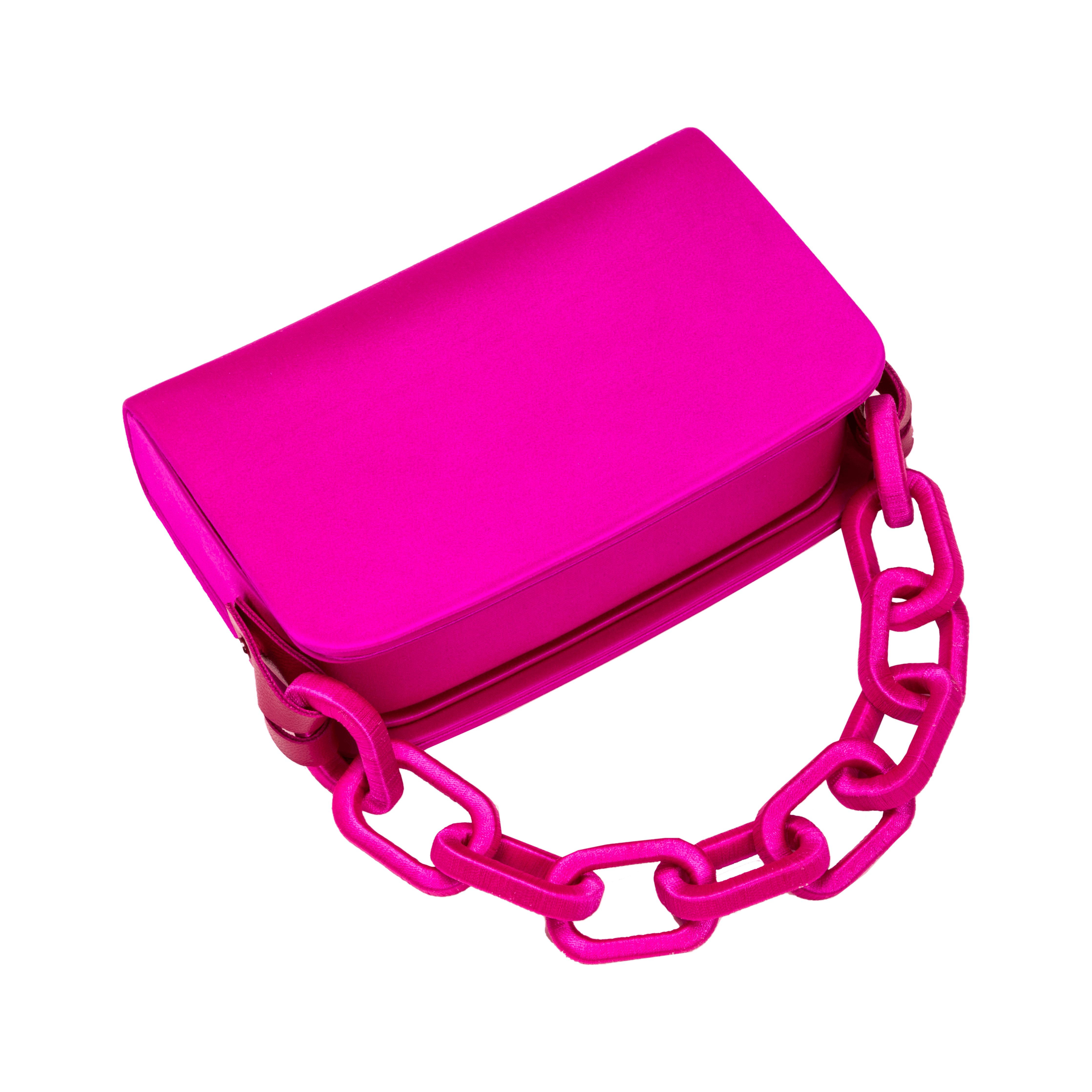 Catena Fuchsia Two-Sided Bag in silk satin with embroidered chain-link handle for stylish convenience.