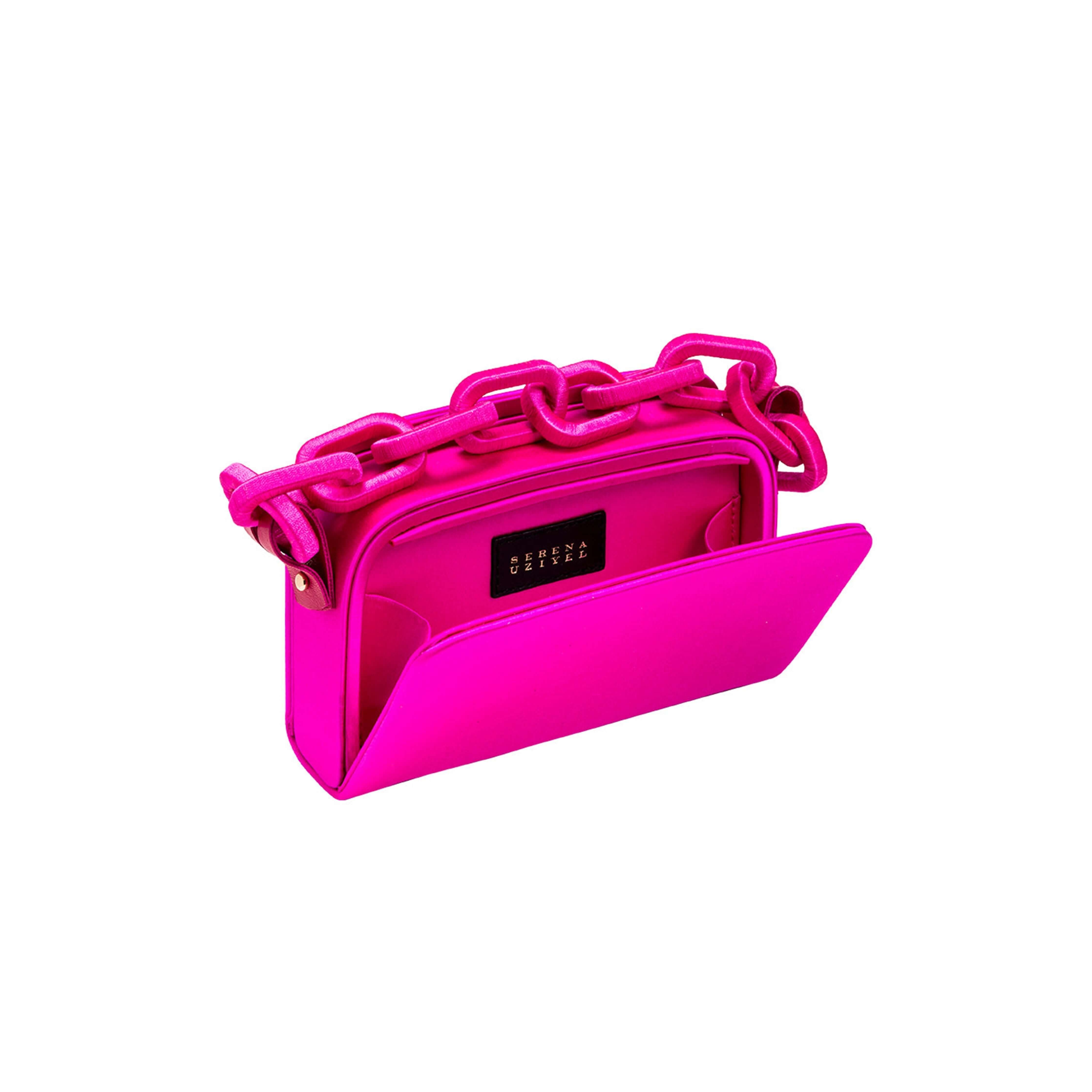 Catena Fuchsia Two-Sided Bag in luxurious silk satin with chain-link handle and independent compartments.