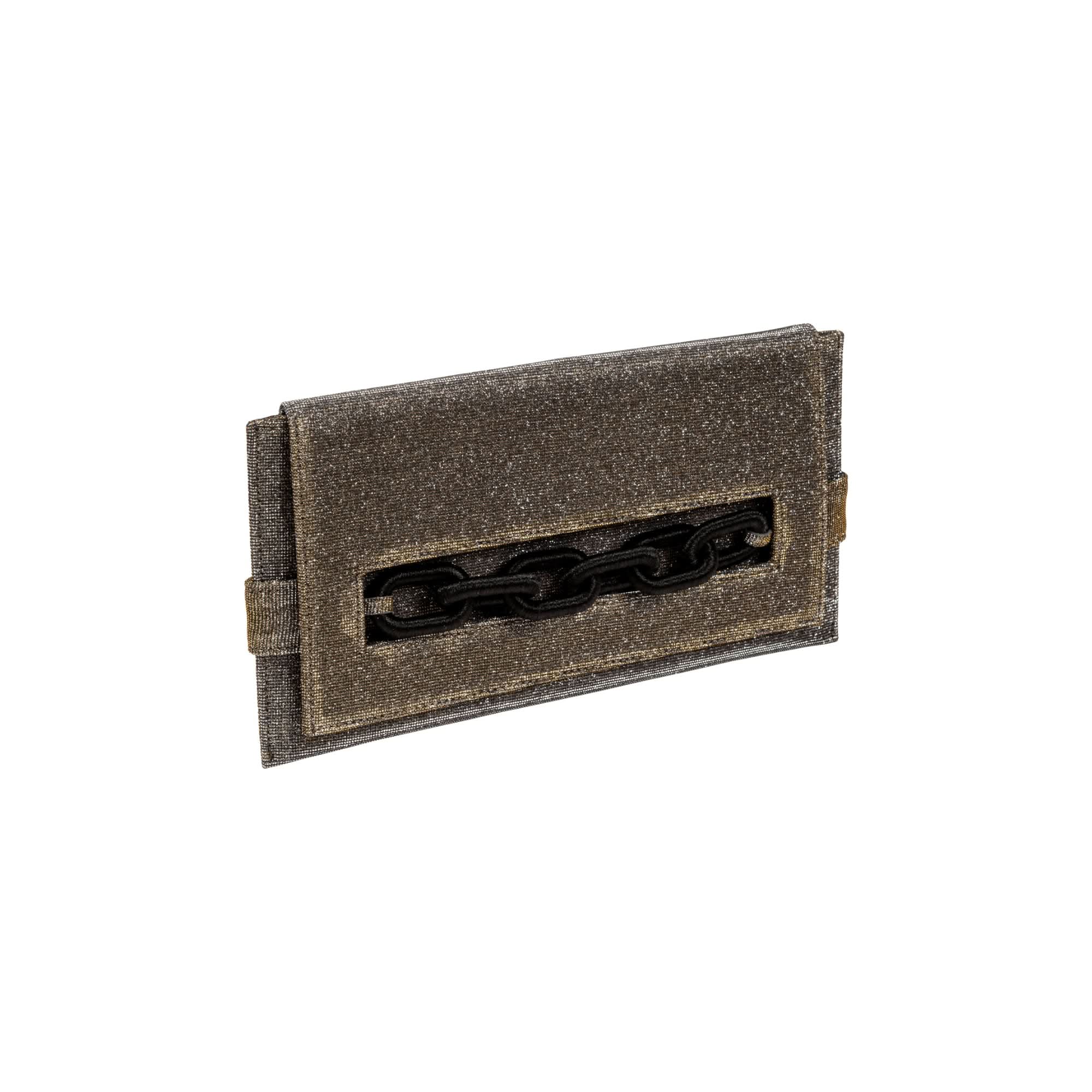 Catena Glitter Envelope Clutch in iridescent matte black with gold chain detail, perfect for evening outings.