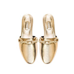 Gold Catena sliperettes with chain detail, showcasing a feminine design and luxurious metallic leather.