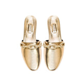 Gold Catena sliperettes with chain detail, showcasing a feminine design and luxurious metallic leather.