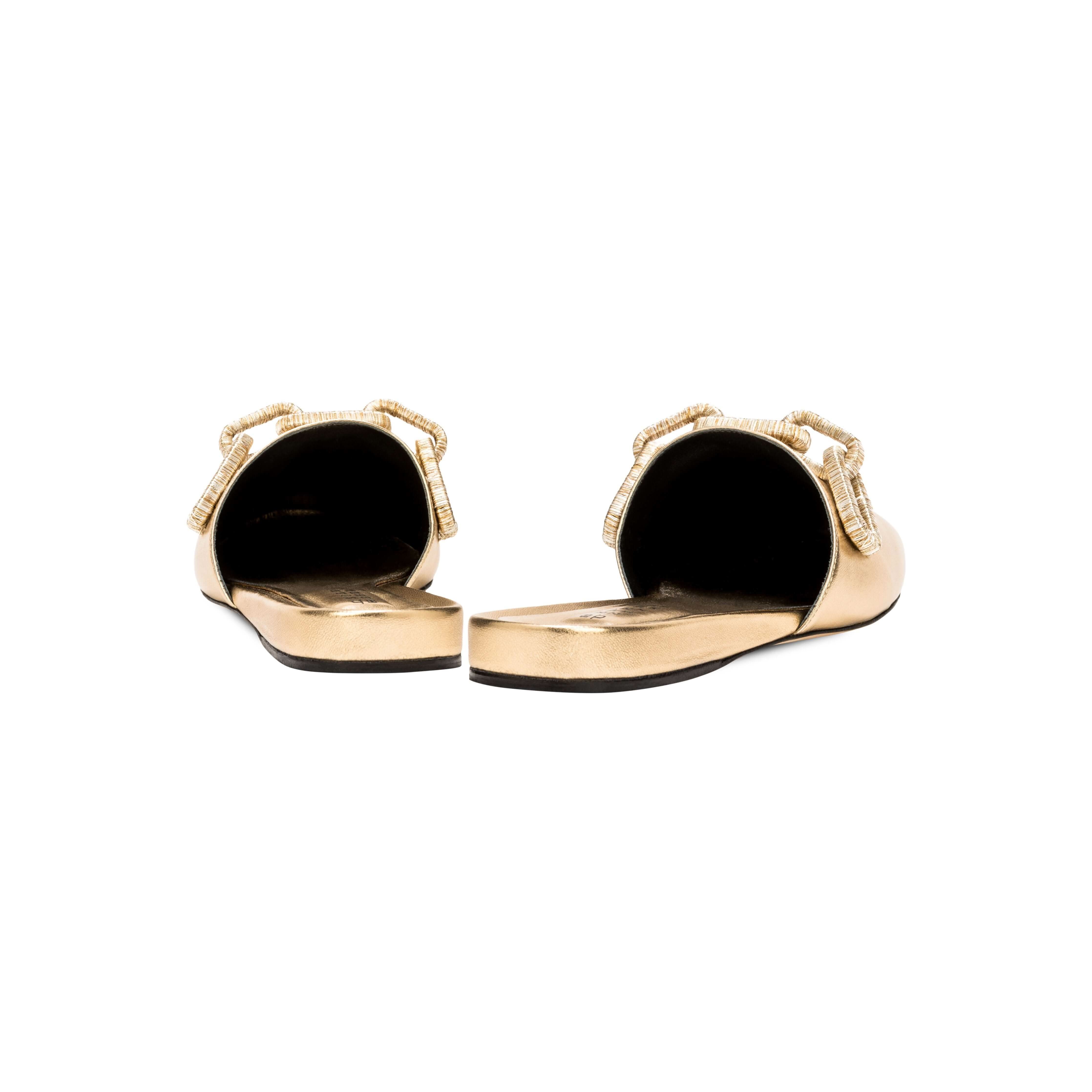 Back view of Catena Gold Flat Sliperette showcasing metallic gold leather and elegant chain detailing.