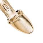 Elegant Catena Gold Flat Sliperette featuring sumptuous metallic gold leather and a chic gold/silver chain detail.
