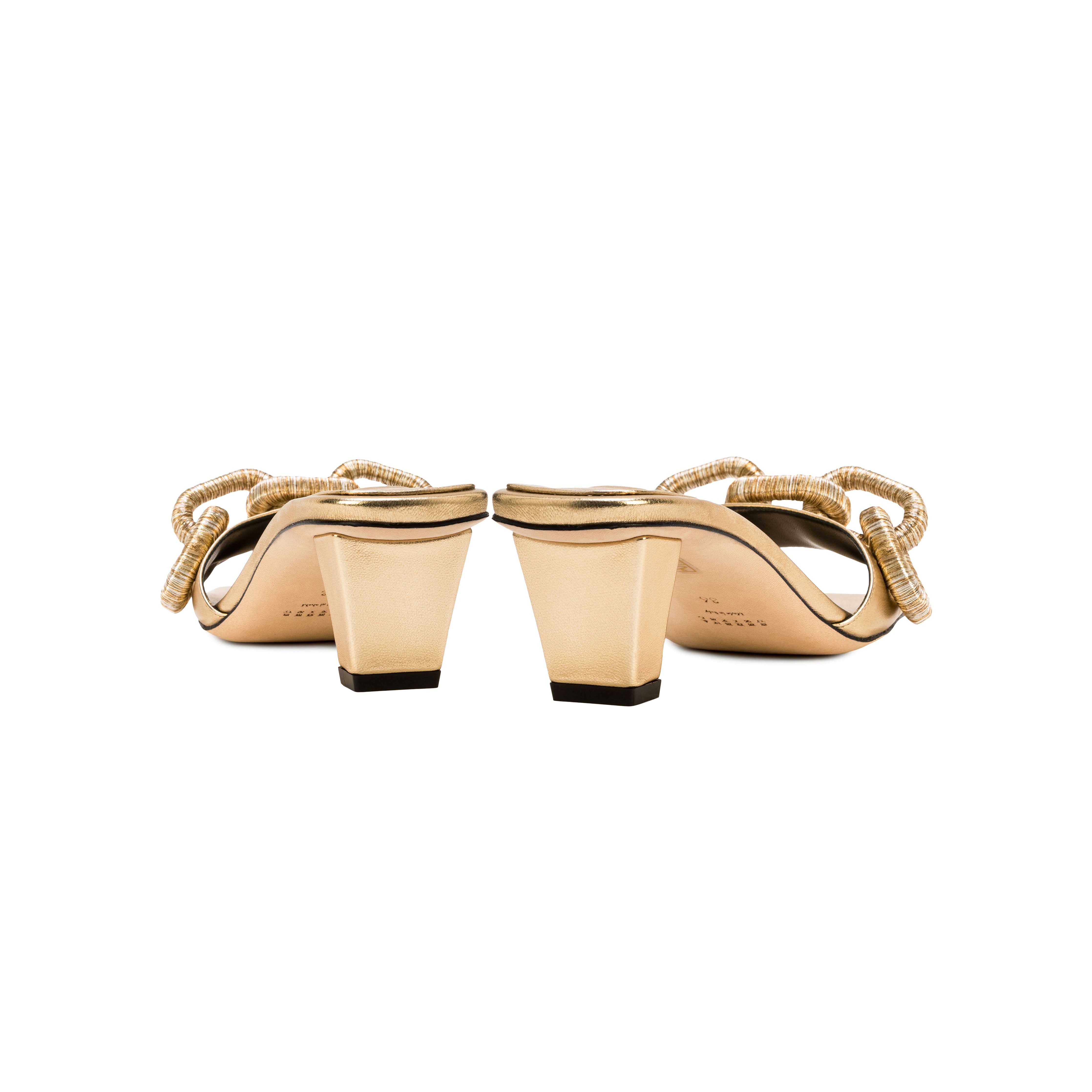 Back view of Catena Gold Mid-Heel Sandal showcasing elegant chain link design on metallic leather.