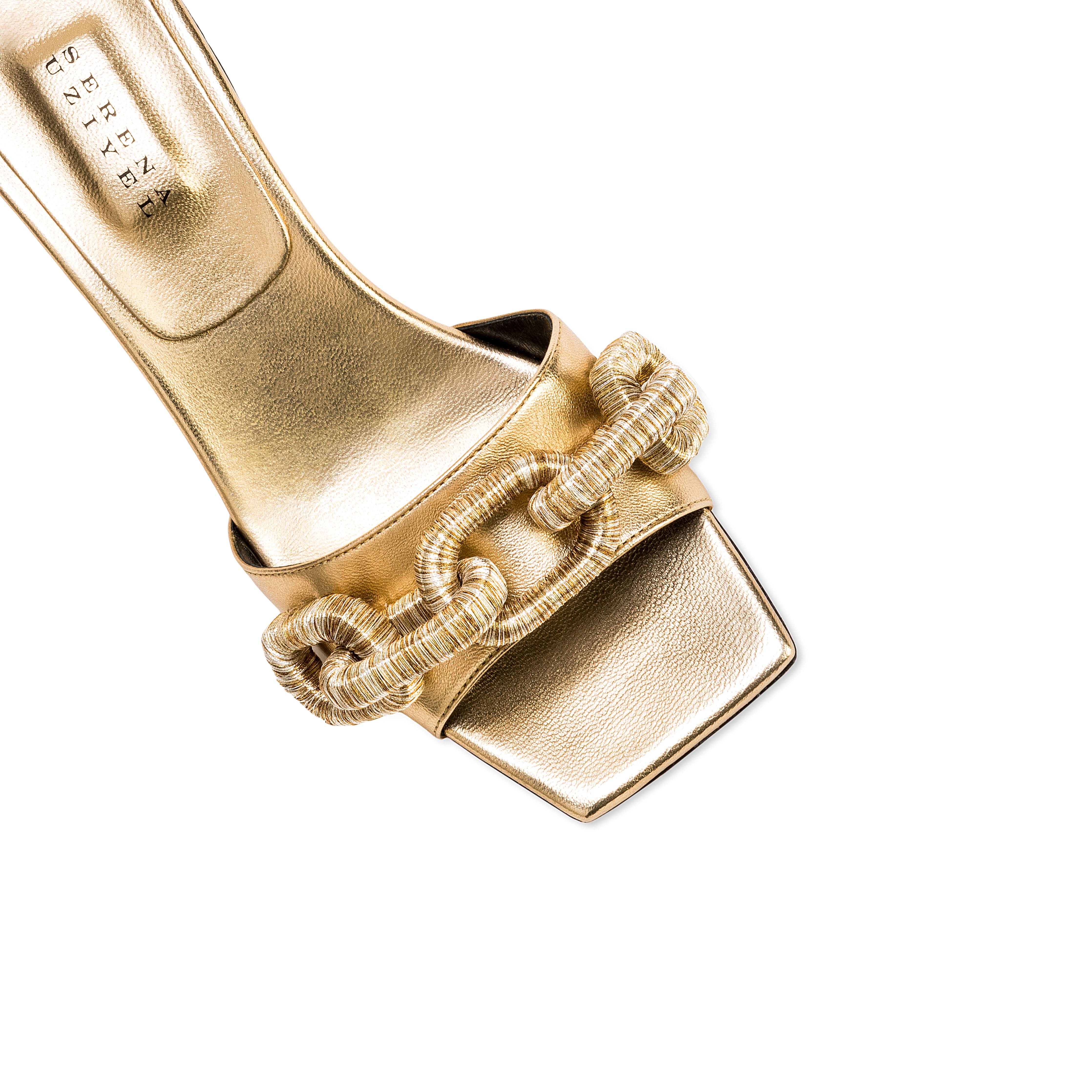 Catena Gold Mid-Heel Sandal in Italian metallic leather with elegant chain link design on toe strap.