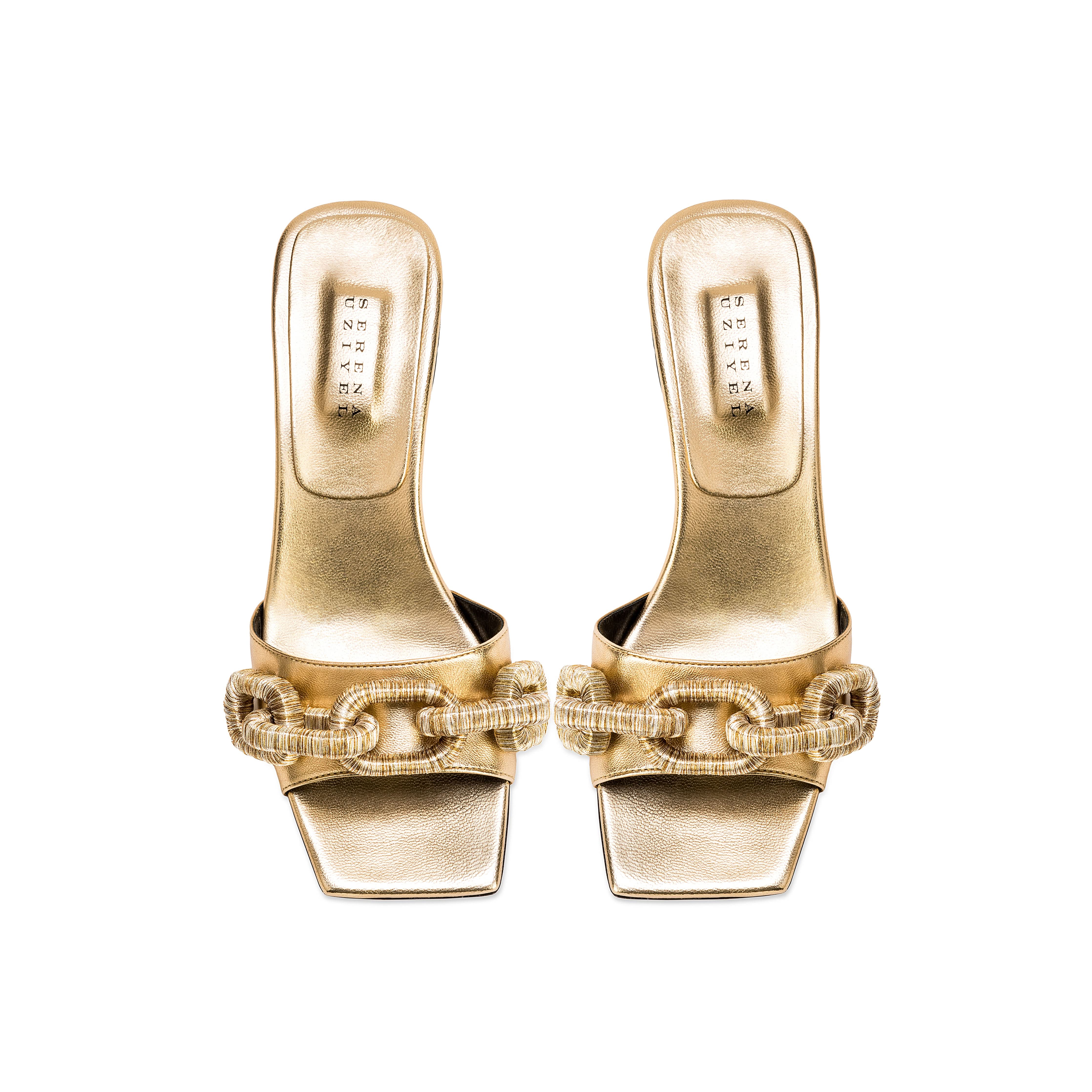 Elegant Catena Gold Mid-Heel Sandal with chain link design, crafted from fine metallic leather for a chic accessory.